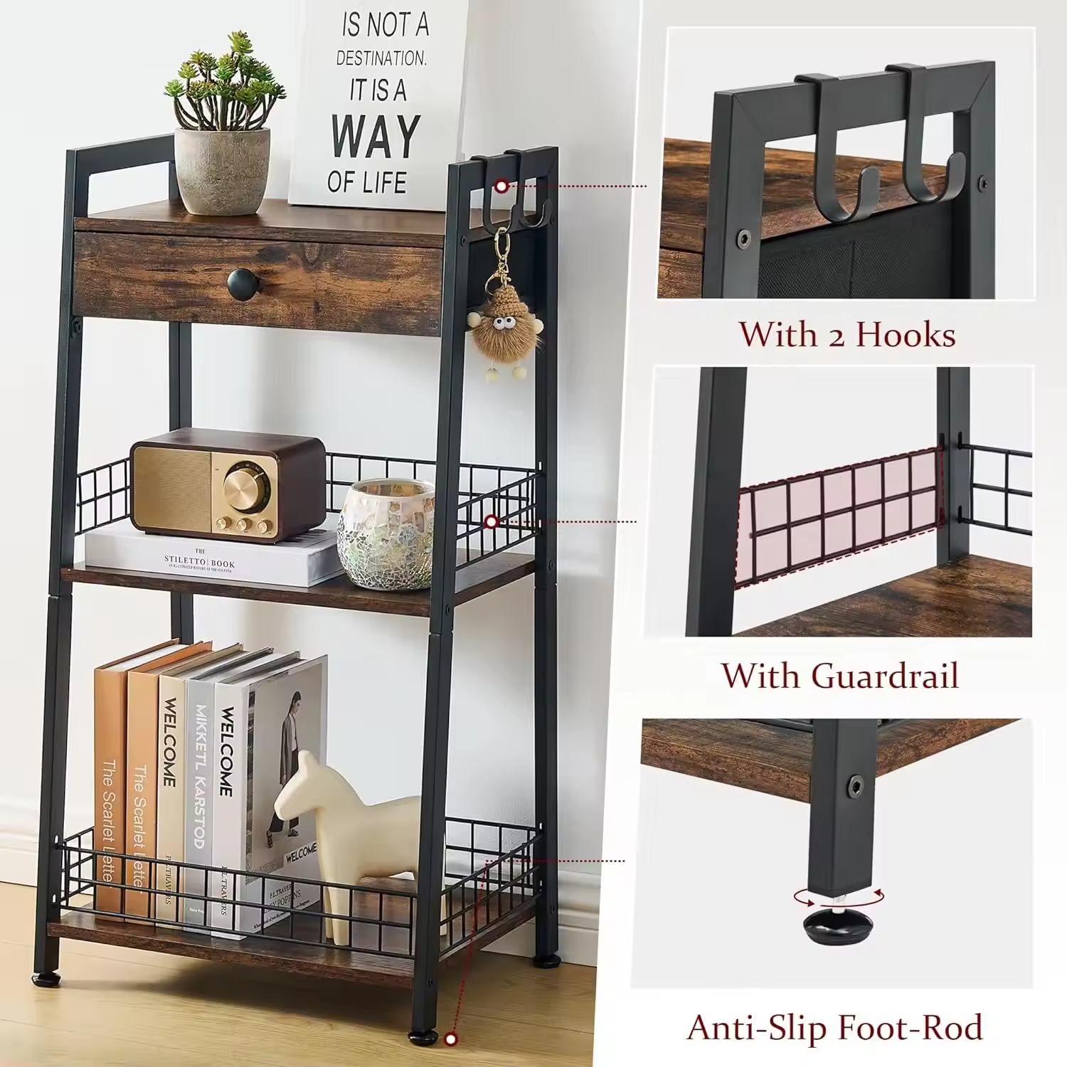 Custom 3-Tier Space Saving Bathroom Ladder Shelf Bathroom Floor Storage Organizer Shelf With Drawer