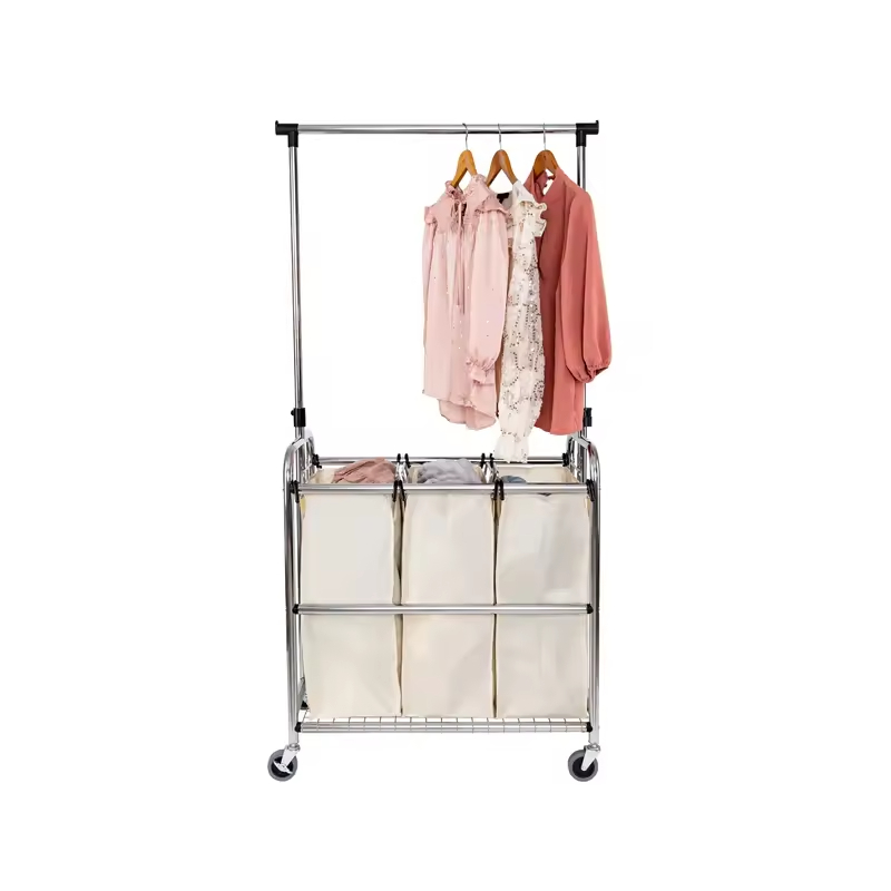 Factory Custom Hot-selling Laundry Basket Foldable Metal Bathroom Cabinets in Laundry Rolling 3-Bag Steel Laundry Sorter