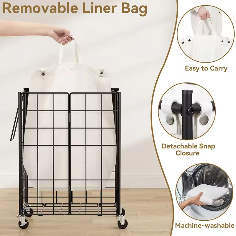 95L Laundry Basket with Lid & Wheels Iron Wire Hamper Removable Fabric Bag for Hotel Hospital Dorm Laundry Room Black/Beige