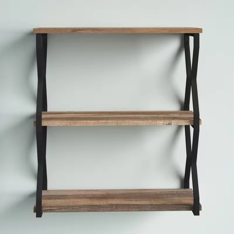 Factory Customizable 3-Piece Live Edge Antique Wood and Metal Storage Shelf Wall-Mounted Bookshelves