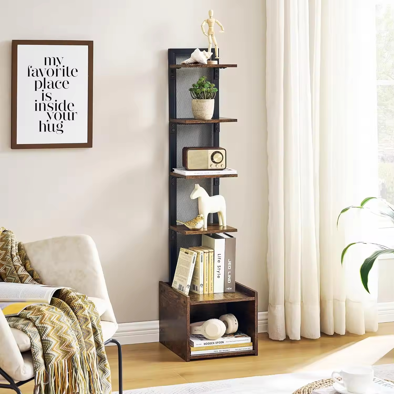 Custom Heavy-Duty 6-Tier Spine Display Shelf Tall Thin Bookcase with 6 Storage Shelves Narrow Display Rack