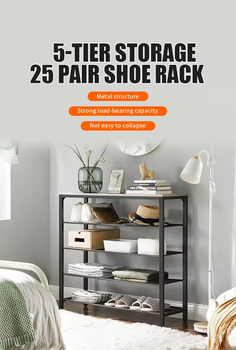 Custom 5 Tier Shoe Rack Organizer with Metal Frame and Wood Top Metal Mesh Shoe Storage Shelf Shoe Organizers
