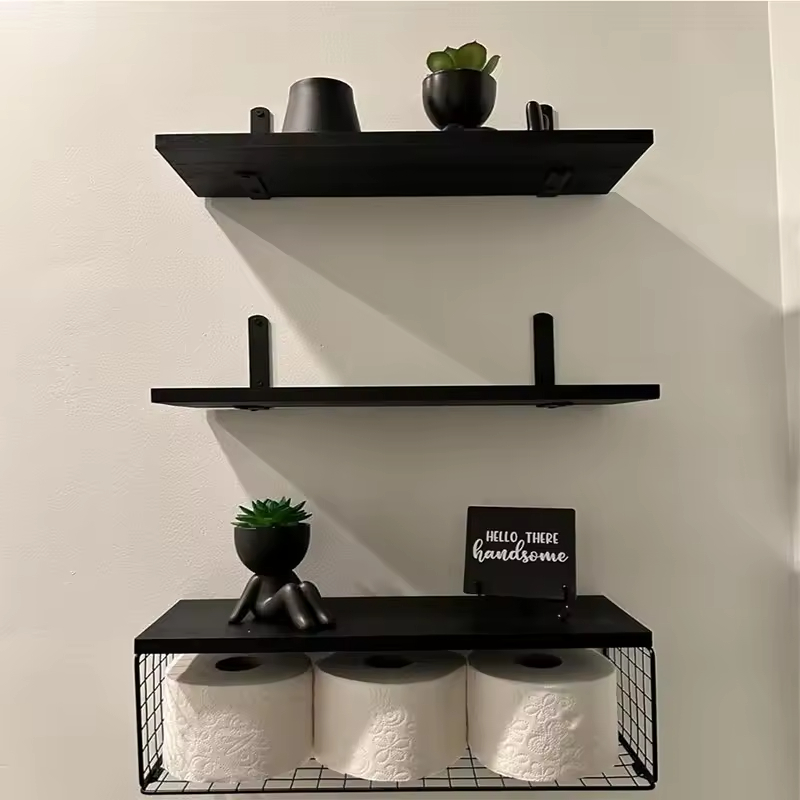 Factory Custom Shower Caddy Shelf Storage Holders Wall Mounted Floating Shelves with Metal Frame Rustic Wood Bathroom Organizer