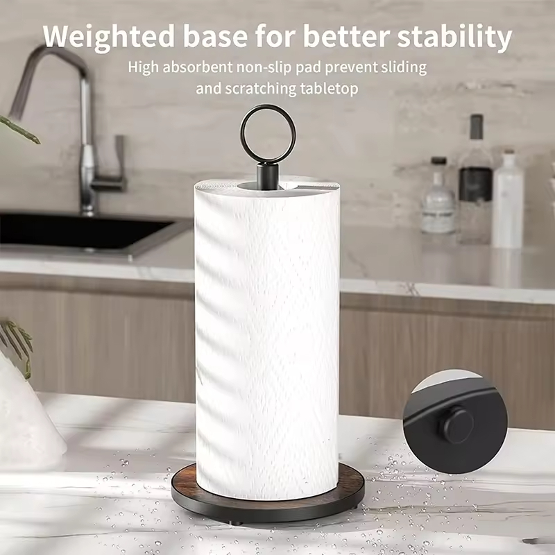 Factory Wholesale Double Tier Freestanding Heavy Duty Wood & Metal Base Paper Towel Roll Stand Kitchen Countertop Storage Rack