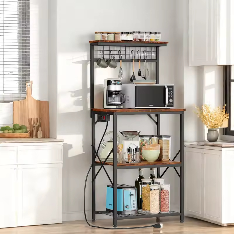 OEM/ODM 22-Inch 4-Tier Shelving with Power Outlet 6-Hook Spices Organizer Microwave Baker's Rack for Kitchen Islands & Carts