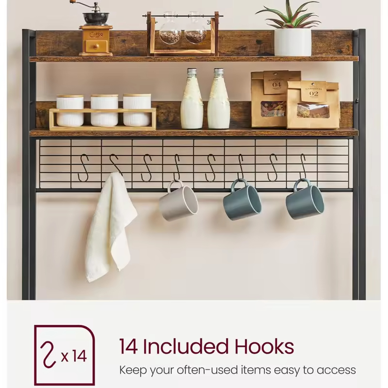 Manufacturer OEM/ODM Freestanding Kitchen Baker's Rack Microwave Oven Stand Coffee Machine Storage Shelf Socket Metal Wood