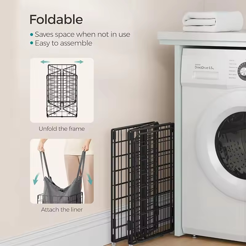 Custom 50L Metal Wire Frame Laundry Hamper with Removable and Washable Liner for Bedroom and Bathroom Organization