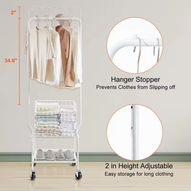 Heavy-Duty Metal Laundry Cart with 4 Wheels Hanging Rack Mobile Bathroom Organizer Commercial Laundry Hamper for Hotel Apartment