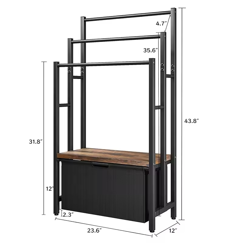 3-Layer Freestanding Indoor/Outdoor Metal Towel Rack with 2 Detachable Storage Baskets and 6 Hooks Also Features Blanket Rack
