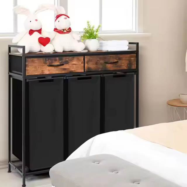 Custom Rustic Dirty Clothes Bathroom Storage Basket with 3 Bags and 2 Drawers Factory Direct Bedroom Laundry Hamper