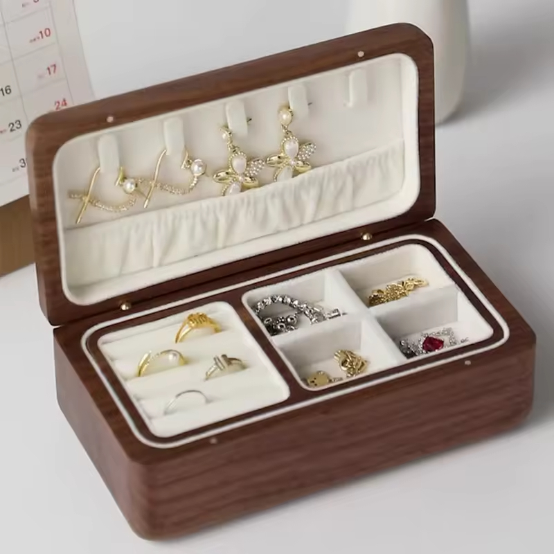 Engravable Customizable Color Solid Black Walnut Wood Modern Durable Space-Saving Rectangle Jewelry Box Travel Organizer 