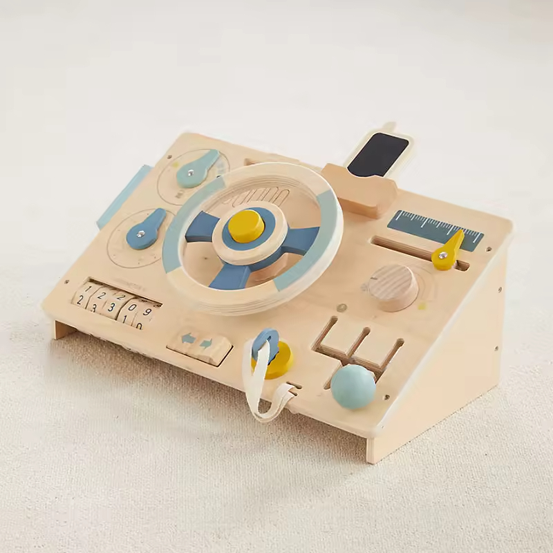 Wooden Modern Rectangle Driving Steering Wheel Toy Kids Busy Board Durable Early Educational Driver Pretend Play Set