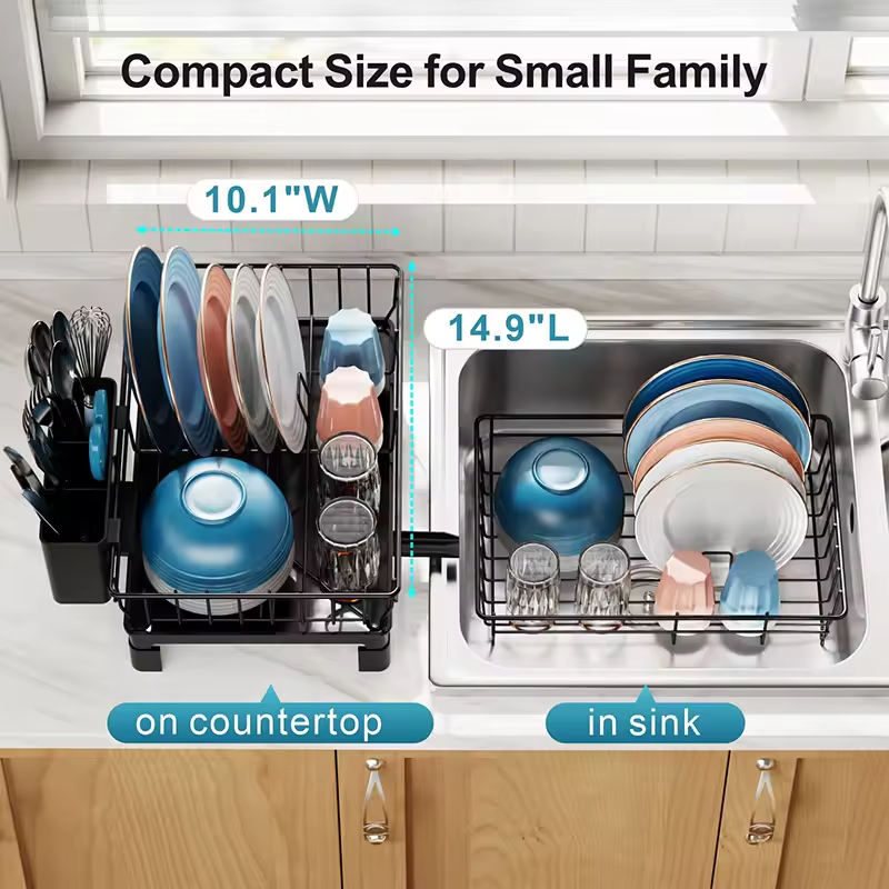 Factory Custom Eco-Friendly Stainless Steel Compact Dish Rack Utensil Holder Drain Spout for Kitchen Floor Installation Spice