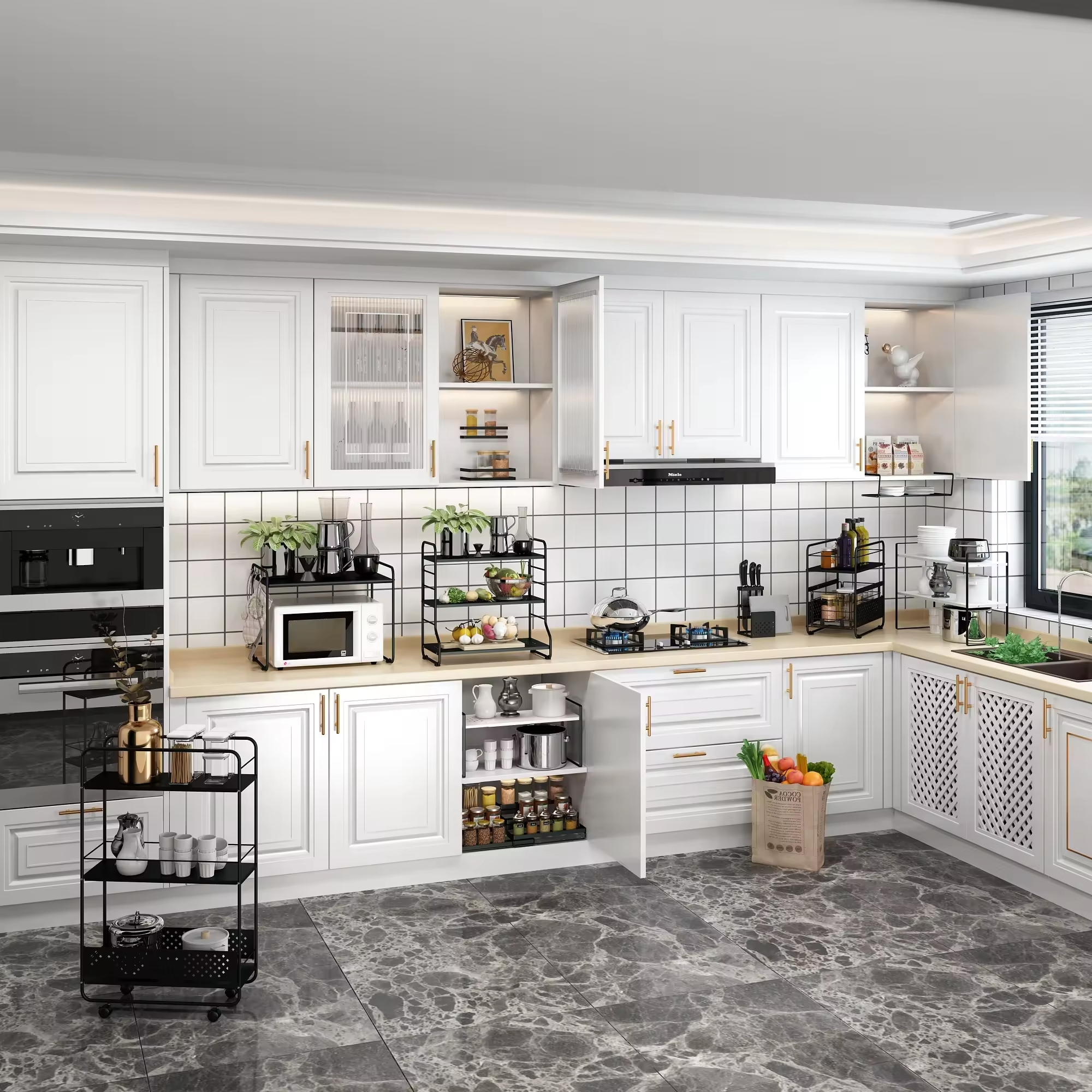 Manufacturer Customization Kitchen Countertop Double Tier Non-folding Storage Rack Black Carbon Steel Multifunction Pull Sliding