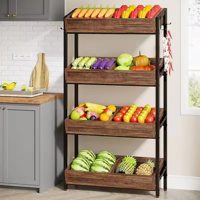 Hot-selling Kitchen Storage Rack Stand Stackable Fruit Basket Organizer Brown 4-Tier Carbon Steel Vegetable Storage Rack
