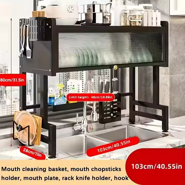 Custom Multi-Functional Double Kitchen Storage Rack Iron Sliding Organizer Cabinet Door Sink Dish Tray Counter Top Drain Rack