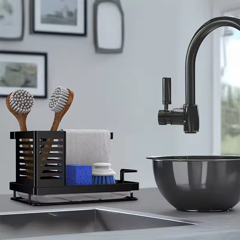 OEM&ODM Sink Sponge Holder for Kitchen Sink Dishcloth Storage Stainless Steel Organizer with Safety Bar Under Sink Organizer