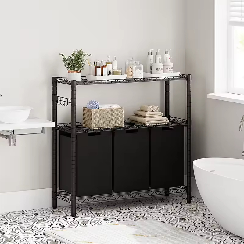 Factory Custom Bathroom Storage Metal Frame 3 Bags 2-tire Shelf Big-capacity Laundry Hamper