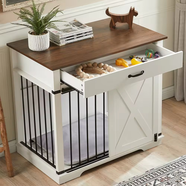 ODM OEM Large Heavy-Duty Wooden Dog Crate Barn Door 1 Drawer Vintage Style Standing Type Cleaning Tools for Larger Dogs