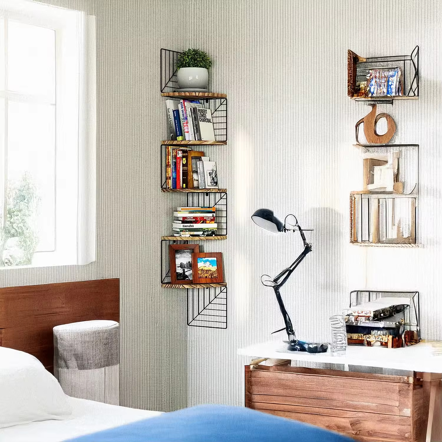 Factory Customize Easy-install Metal Wood Multifunctional Adjustable Wall Floating Bookcase Shelf Plant Stand Living Room