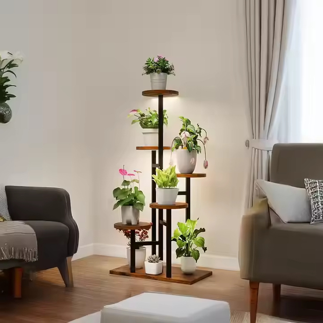 Factory Customizable 39\" Tall 6-Tier Indoor Plant Stand with 3 Full Lights Metal Wood Wheel Display Rack Bookcases Bookshelves