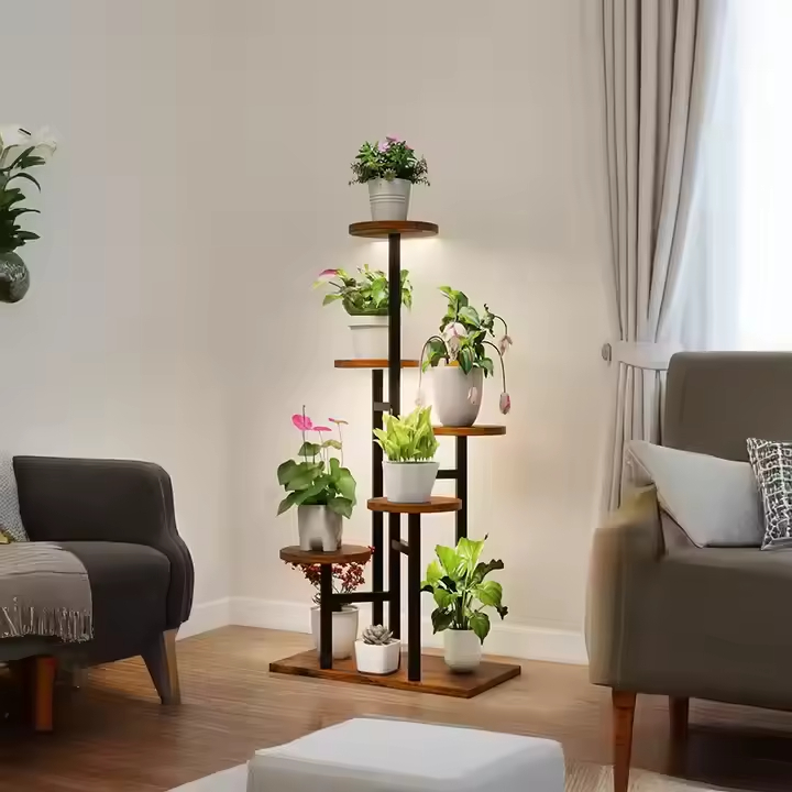 Factory Customizable 39\" Tall 6-Tier Indoor Plant Stand with 3 Full Lights Metal Wood Wheel Display Rack Bookcases Bookshelves