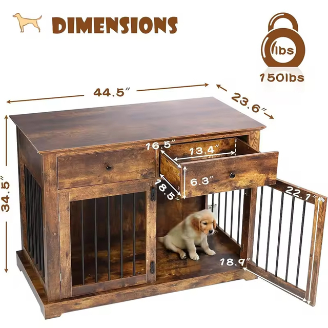 OEM & ODM Antique Color Steel Wood Dog Crate Furniture Standing Type Dog Cage with Drawers and Cleaning Tools