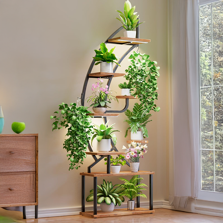 Indoor Plant Stand Grow Light Wheels Multiple Drawers-Wood+Metal Wall-Mounted Customizable Color for Office Living Room Study