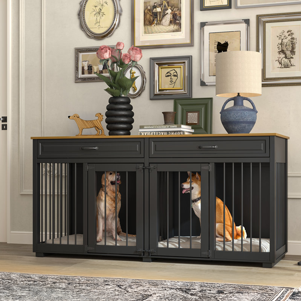 ODM&OEM Heavy Duty Wooden Dog Crate Furniture with 2 Drawers and Divider Standing Type Cleaning Tools