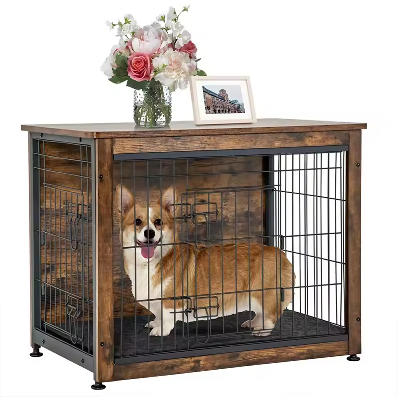 Factory Custom Modern Multifunctional Standing Type Dog Crate Furniture Pad Bed Double Doors Dog Kennel End Table Indoor