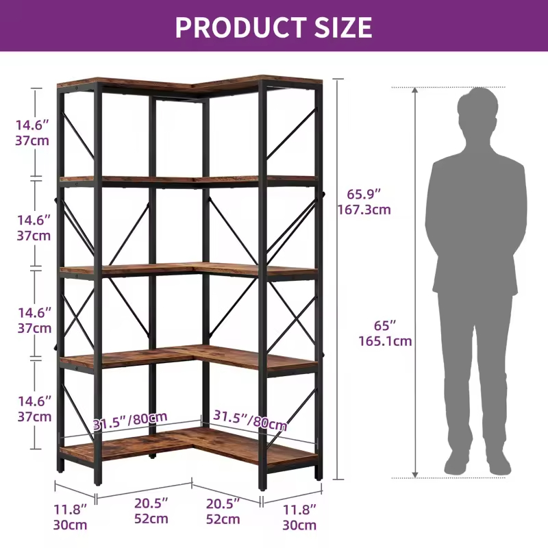 Factory Customizable 5 Tier Corner Bookshelf Large Display Rack Space-Saving Metal Wood for Living Room Bedroom Bathroom Storage