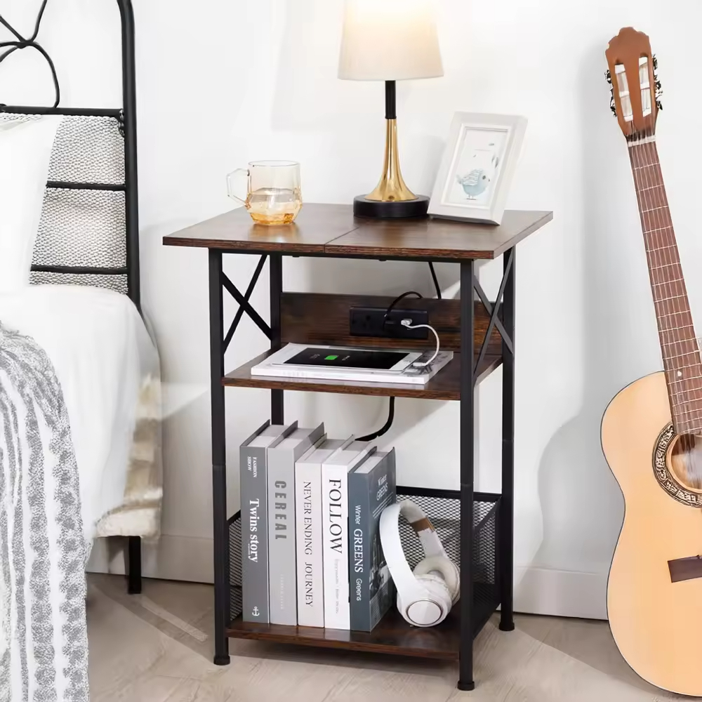 Modern 3-Tier Solid Wood & Metal End Table Record Player Stand with Charging Station and Storage Cabinet for Bedroom