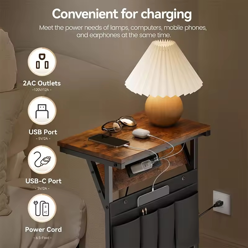 OEM&ODM Wooden Modern C Shaped Adjustable Bedroom End Table Charging Station USB Power Outlet Storage Bag for Couch Side Table