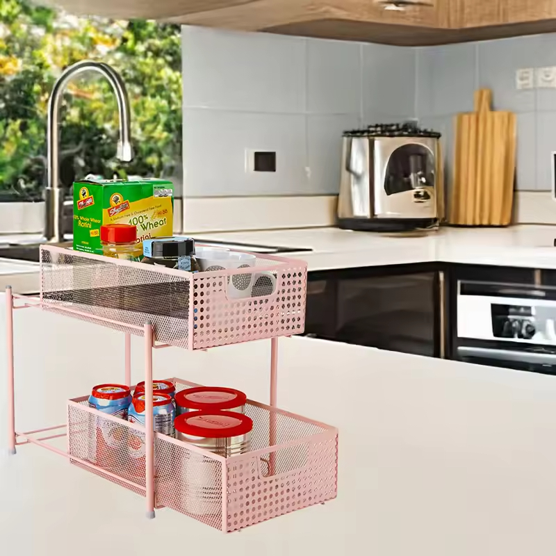 2-Tier Kitchen Drawer Sliding Organizer Shelf Iron Storage Rack with Removable Pull Basket Single Tier for Spice Storage