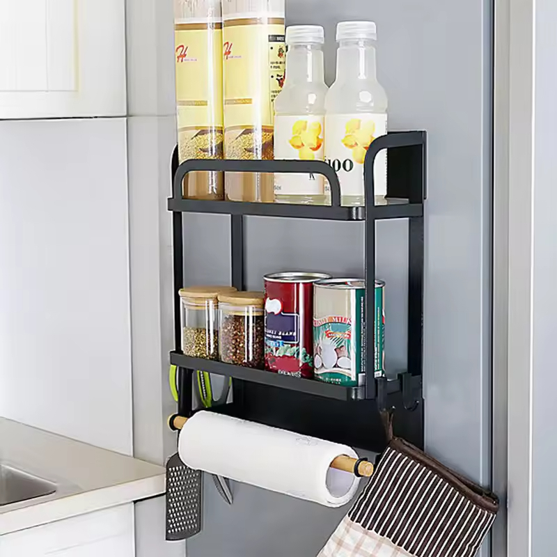 Single-Tier Kitchen Magnetic Refrigerator Storage Rack Wall-Mounted Hanger Shelf for Spices Metal Fridge Holder