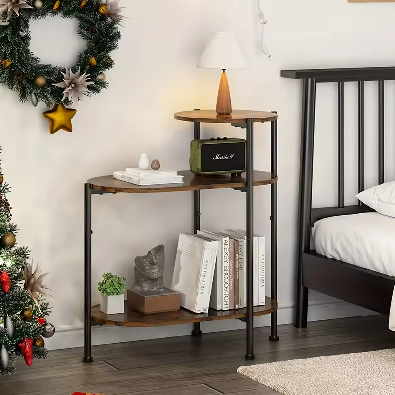 Customizable Circular Side Table for Living Room & Bedroom Practical Metal Frame with Wooden Top for Dining