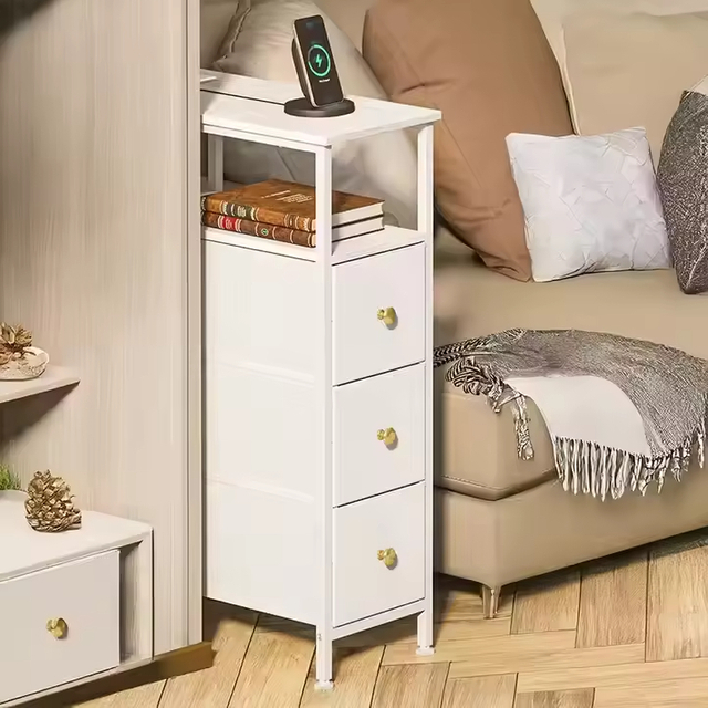 Adjustable Modern Wooden Bedside Table 3 Fabric Drawers Dual USB Outlets for Bedrooms Guest Rooms Narrow Design Convenient