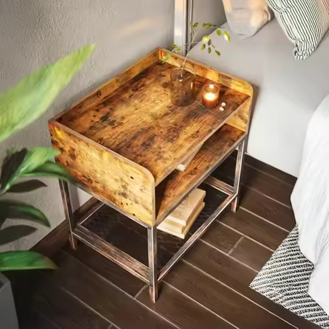 Modern Rustic Solid Wood Metal Nightstand Side Table Convertible Charging Station USB Ports OEM&ODM Bedroom Furniture Home