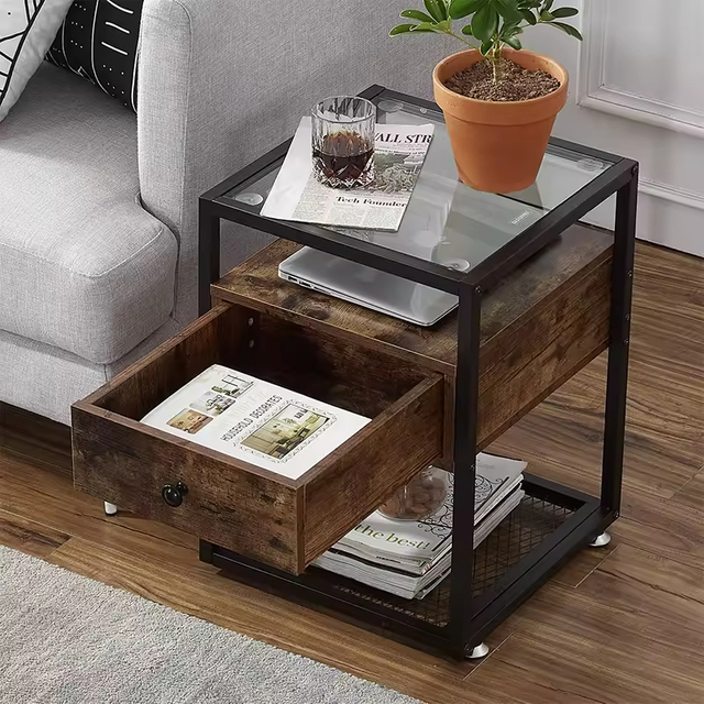 Contemporary 2-Layer Glass Top End Table with Drawer Shelf for Dining in Living Rooms Bedrooms Offices Hotels Factory ODM & OEM