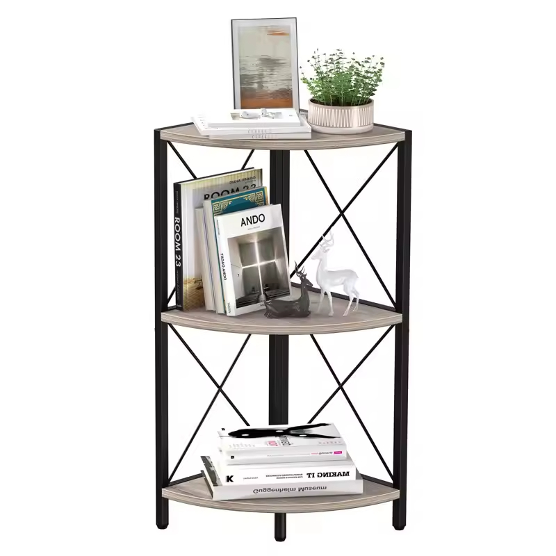 Factory Custom 3-Tiers Solid Wood Top Bookcase with Metal Base for Sofa Bed Side Versatile & Convenient Bookshelf