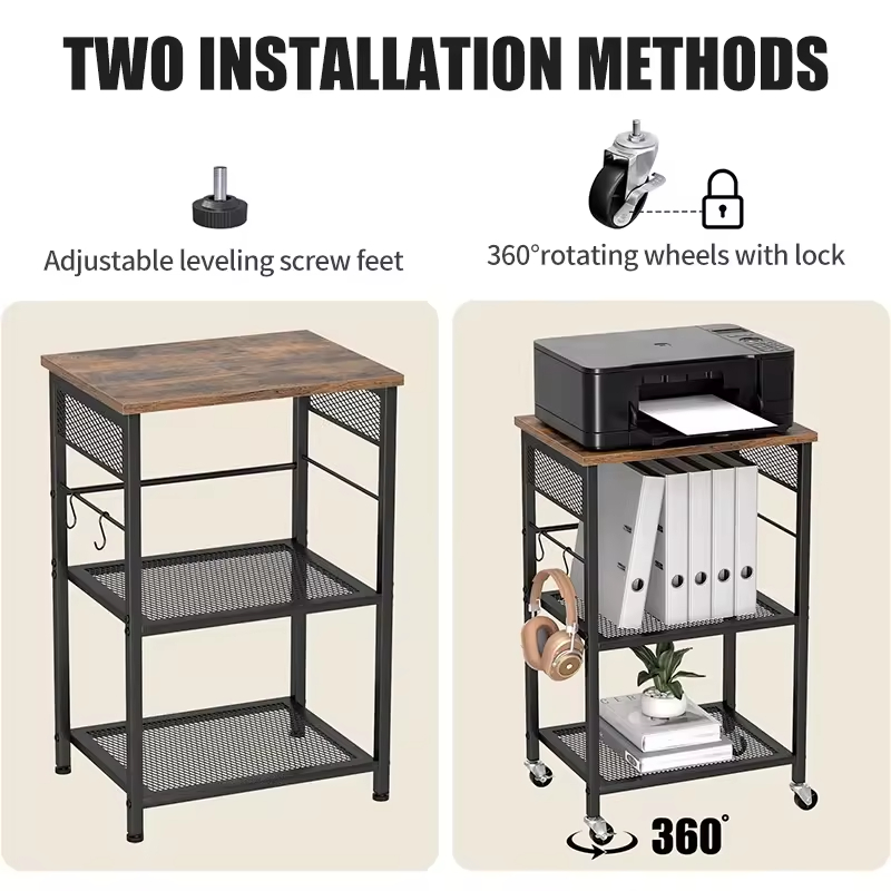 Factory Direct Sales 3-layer Stainless Steel Mobile Printer Stand Modern Printer Cart with Wheels and 2 Hooks Storage Rack