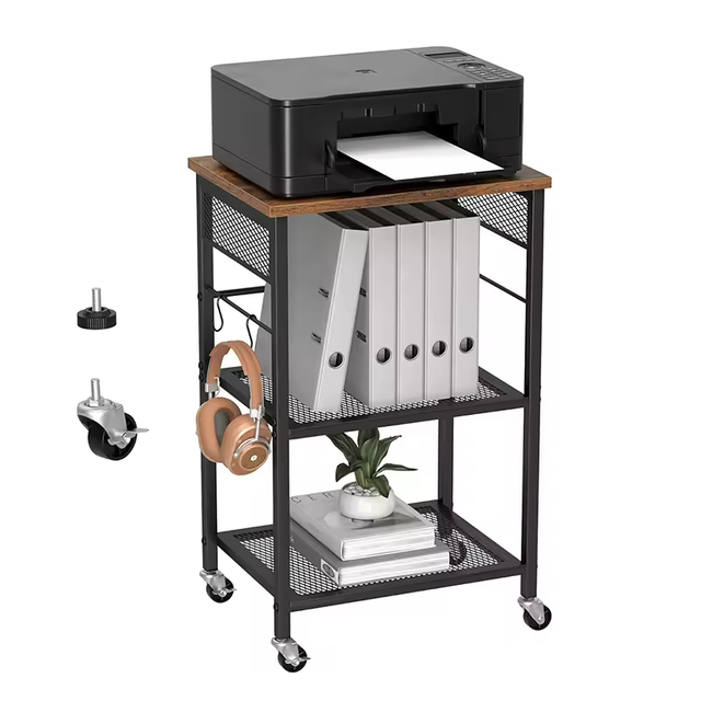 Factory Direct Sales 3-layer Stainless Steel Mobile Printer Stand Modern Printer Cart with Wheels and 2 Hooks Storage Rack