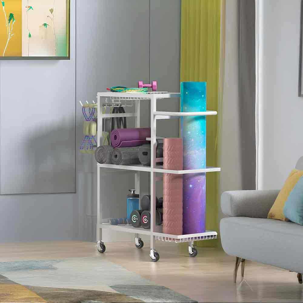 Home Gym Wall-Mounted Metal 3-Tier Tool Organizer with Wheels for Exercise and Workout Equipment