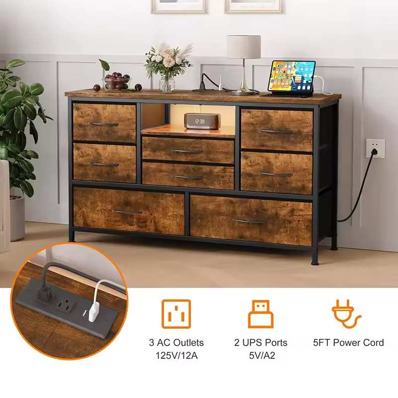 8-Drawer 55-Inch Brown Wood TV Stand Power Outlet Multi-Functional Media Console Dresser for Villa for Living Room Bedroom Hotel