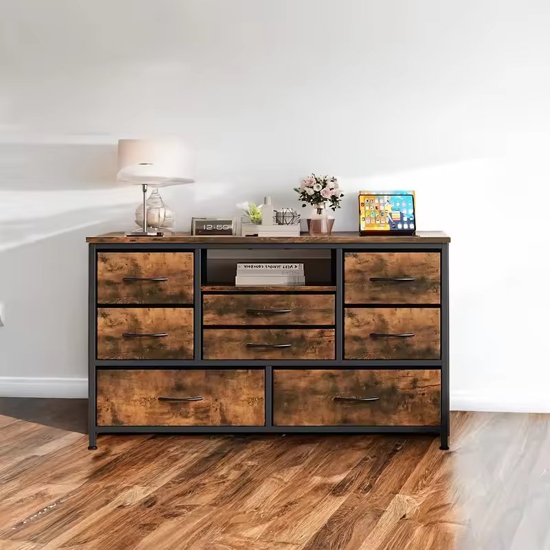 8-Drawer 55-Inch Brown Wood TV Stand Power Outlet Multi-Functional Media Console Dresser for Villa for Living Room Bedroom Hotel