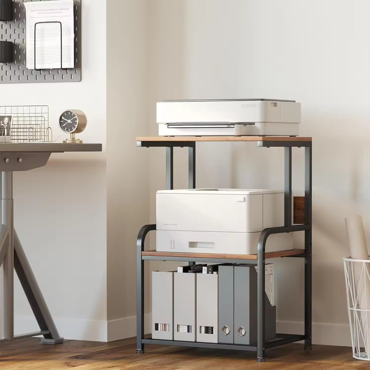 Factory Wholesale Solid Wood 3 Tier Mobile Printer Stand Cart with Wheels 2 Hooks Modern Design Office Furniture Bedroom Use