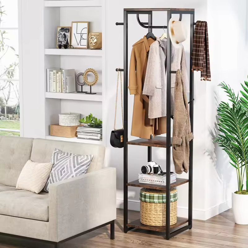 Factory Custom Steel & Wood Freestanding 8 - Hook Coat Rack Bedroom Multi-functional Clothing Storage Rack