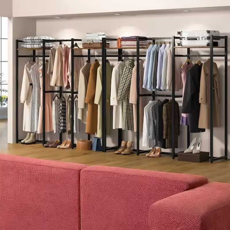 Rustic Brown and Black L-Shaped Corner Garment Rack Closet Organizer with Storage Shelves and Coat Rack