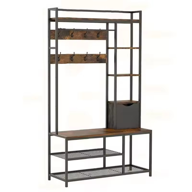 Factory OEM&ODM Shoe Clothes Rack for Entry Hall Tree Shoe Bench 5 in Coat Rack Set Storage Shelf Wooden Clothes Rack