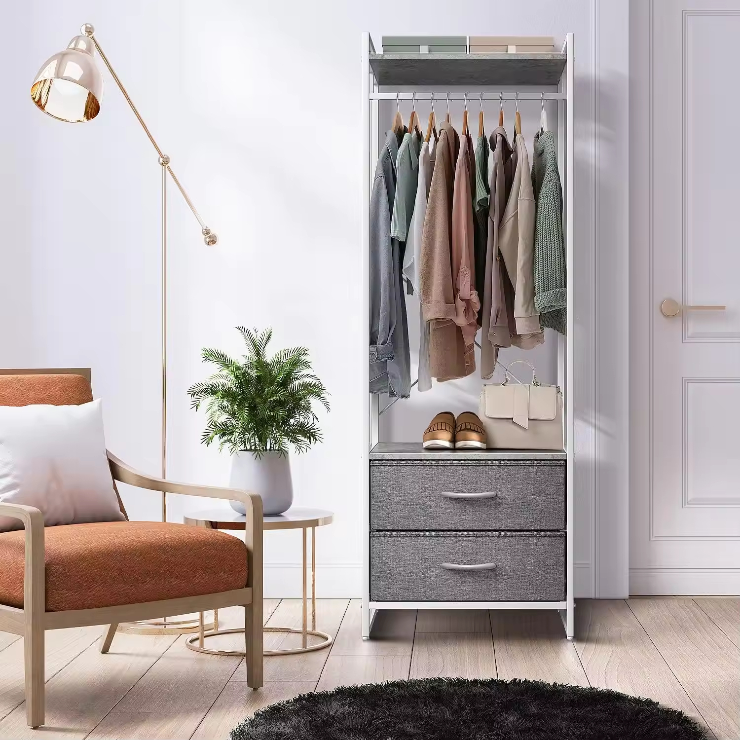 Custom Steel Frame Fabric Drawers Tall Closet Storage Organizer Hanging Shirts Dresses Jackets Clothing Living Room Detachable